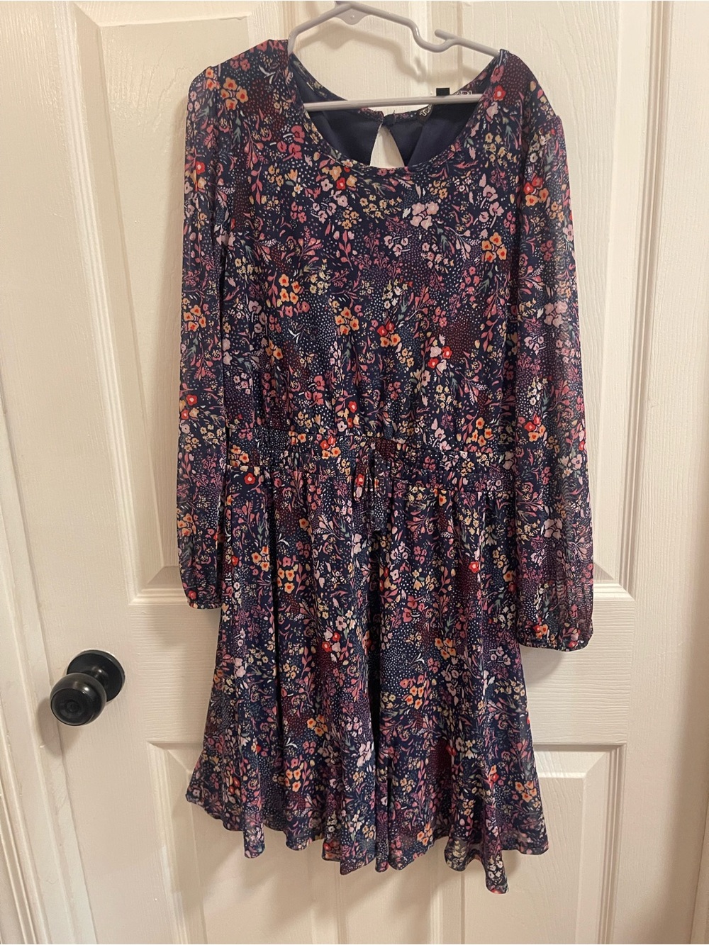 Trixxi Navy Floral Long-Sleeve Smocked Waist Dress with Pink & Orange Blooms